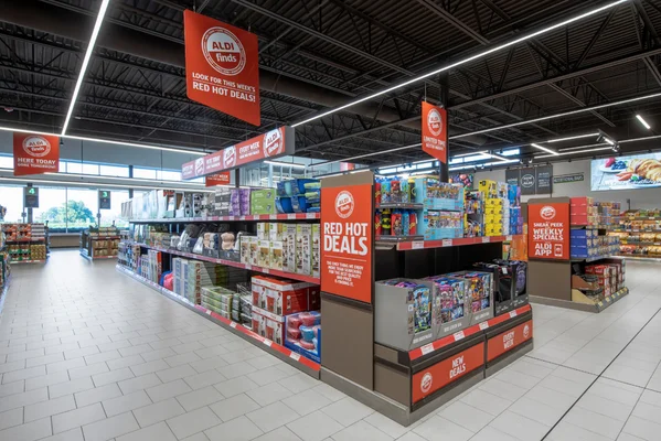 Rayons d'un magasin Aldi aux États-Unis avec affichage promotionnel.