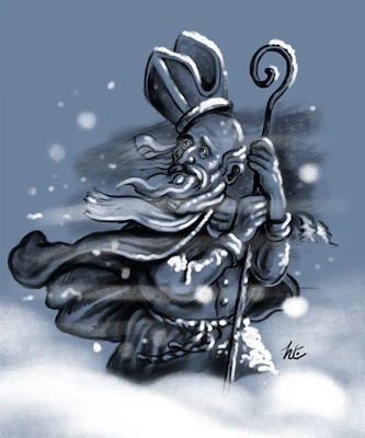 Illustration de saint Nicolas affrontant la burle et le froid du plateau ardéchois.