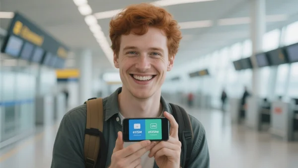 Voyageur souriant tenant un smartphone dans un aéroport, écran affichant deux lignes eSIM actives, vue en plan moyen