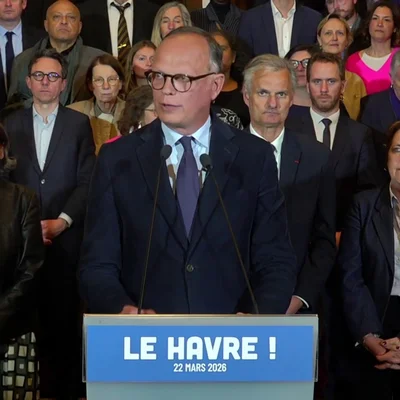 Édouard Philippe, réélu maire du Havre, s'adressant à la foule le 22 mars 2026.
