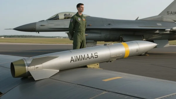 Premier plan d'un missile sur un avion de chasse américain stationné sur une piste, avec des soldats en tenue militaire en arrière-plan. L'intention éditoriale est de montrer le type d'armement dont le survol est refusé par la France, dans une tonalité sérieuse et géopolitique.