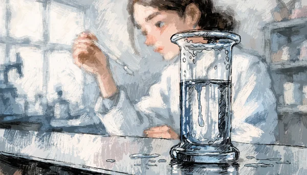 Gros plan sur un tube de laboratoire transparent contenant un liquide clair, posé sur une paillasse en métal, avec un chercheur en blouse blanche en arrière-plan flou manipulant un autre échantillon, intention éditoriale : illustrer la phase de recherche avancée du NLS-133, ton scientifique et concentré.