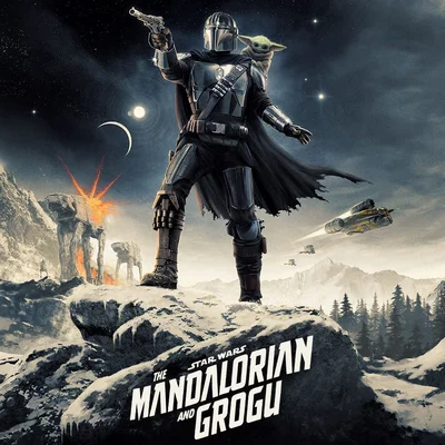 Affiche du film avec Din Djarin et Grogu dans un paysage enneigé, entourés d'AT-AT.