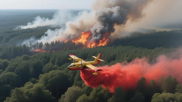 Vue aérienne d'un immense incendie de forêt avec des flammes et une épaisse fumée grise s'élevant au-dessus de la cime des arbres, dans le massif de Fontainebleau en été, des Canadair larguant de l'eau rouge au premier plan