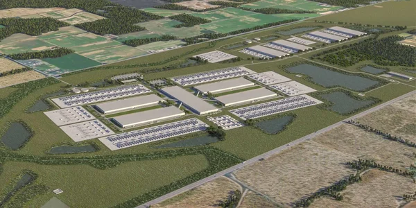 Rendu architectural du plus grand centre de données de Meta, alimenté par sept centrales à gaz.