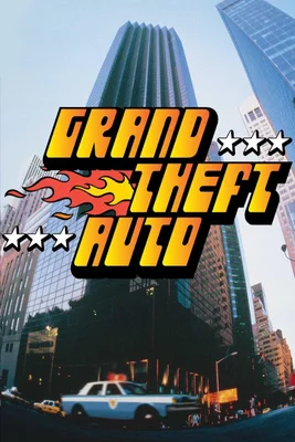 Affiche promotionnelle générique de 'Grand Theft Auto' montrant une rue avec des gratte-ciel et une voiture de police.