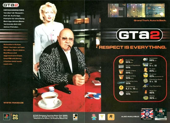 Affiche promotionnelle de Grand Theft Auto 2 avec un homme chauve aux lunettes de soleil fumant un cigare, une femme debout derrière lui, du texte marketing en allemand et des notes de presse.
