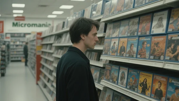 Rayon d'un magasin Micromania avec des boîtes de jeux vidéo alignées sur des étagères, un client regardant les titres, vue en plan large, l'ambiance est nostalgique et mélancolique, pour illustrer le déclin du jeu physique en France.