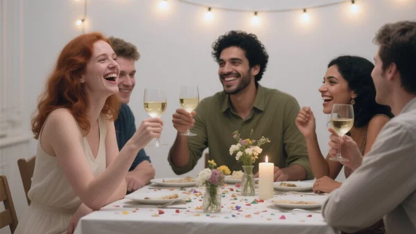 Groupe de jeunes adultes assis autour d'une table de fête décorée simplement, riant et levant leurs verres dans une ambiance chaleureuse et conviviale, vue large de la scène
