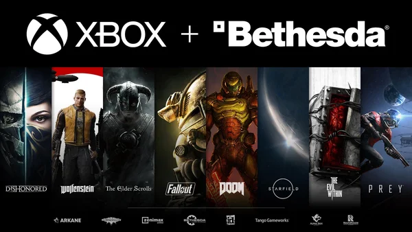 Graphique promotionnel de l'acquisition de Bethesda par Xbox, mettant en avant les franchises clés.