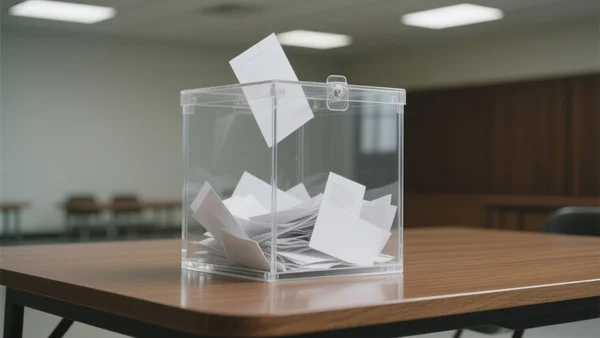 Gros plan sur une urne électorale en plexiglas transparent, partiellement remplie de bulletins, posée sur une table en bois. Au fond, flou, on devine une salle de vote vide. L'image doit communiquer l'incertitude et l'enjeu d'une élection décisive.