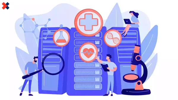 Illustration d'un entrepôt de données de santé, avec serveurs et symboles médicaux, évoquant le stockage de données médicales.