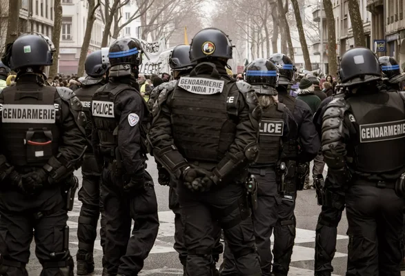 Forces de l'ordre françaises en formation lors d'une manifestation, illustrant le contexte de l'usage des armes par les forces de l'ordre.