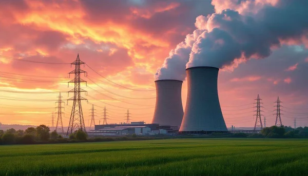 Centrale nucléaire française avec tours de refroidissement et lignes à haute tension au coucher du soleil.