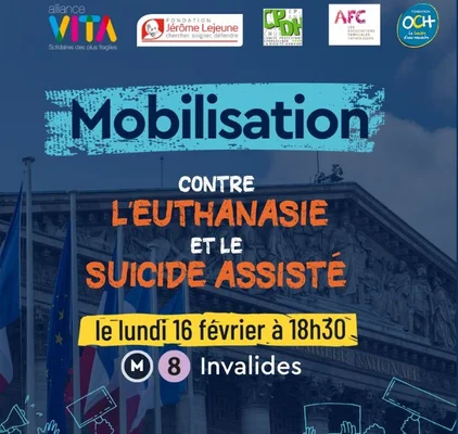 Affiche annonçant une mobilisation contre l'euthanasie et le suicide assisté, avec les logos de plusieurs organisations.