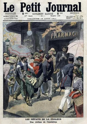 Un épisode de la canicule de 1911 : un homme victime d’insolation transporté par la foule, à la une du Petit Journal.