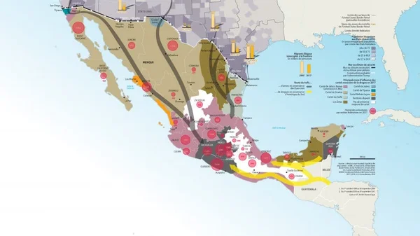 Infographie illustrant les routes du trafic de drogue et les zones d'influence des cartels au Mexique et en Amérique centrale.