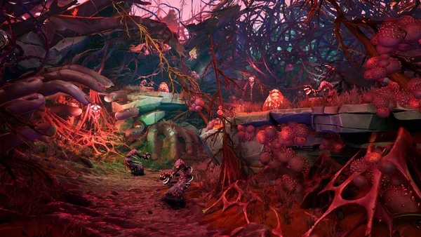 Environnement sombre et alien dans Edge of Memories.