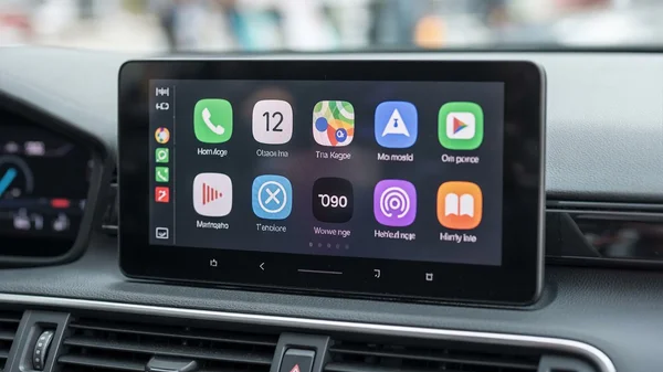 Écran Android Auto monté sur un tableau de bord avec bouches d'aération.