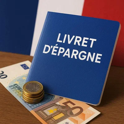 Livret d'épargne bleu avec billets et drapeau français, évoquant l'épargne nationale.