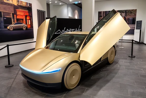 Tesla Cybercab concept exposé avec ses portes relevées et un bandeau lumineux LED bleu à l'avant.