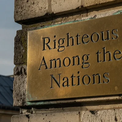 Plaque en laiton 'Righteous Among the Nations' sur un mur en pierre.