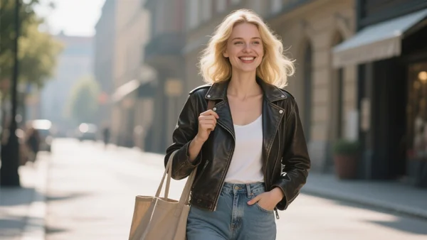 Femme souriant dans une rue ensoleillée, vêtue d'une veste en cuir vintage et d'un jean taille haute, tenant un cabas, regard confiant et décontracté