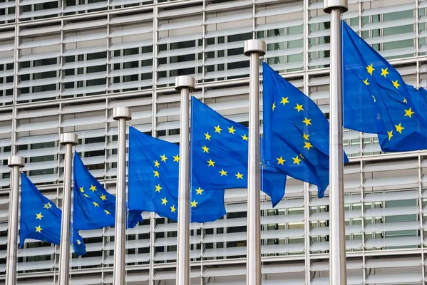 Drapeaux de l'Union européenne flottant devant un bâtiment institutionnel à Bruxelles.