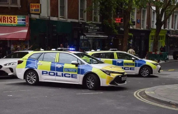 Deux véhicules de la police métropolitaine stationnés dans une rue commerçante.