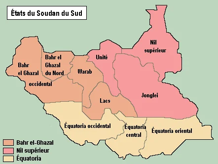 Carte politique du Soudan du Sud avec les États et régions en français.