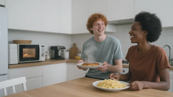 Deux jeunes adultes souriant dans une cuisine partagée, l'un tenant un plat fumant sortant du micro-ondes, l'autre posant une assiette de pâtes au beurre sur la table, composition large mettant en scène la vie en colocation