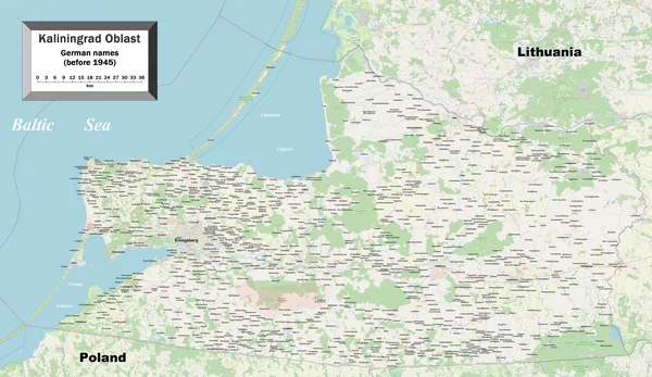 Carte détaillée de l'oblast de Kaliningrad avec les toponymes allemands antérieurs à 1945.