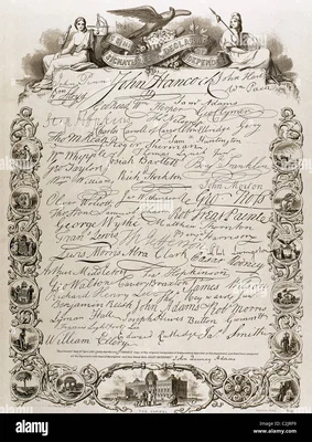 Reproduction artistique de la Déclaration d'indépendance américaine avec ses signatures.