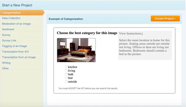 Interface de création de projet sur Amazon Mechanical Turk avec un exemple de catégorisation d'image.
