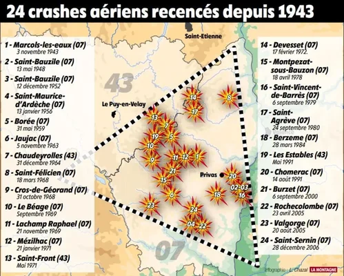 Infographie des 24 crashes aériens recensés dans le Triangle de la Burle depuis 1943.
