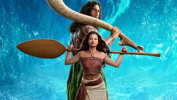 Affiche promotionnelle du live-action Vaiana avec Auliʻi Cravalho et Dwayne Johnson.