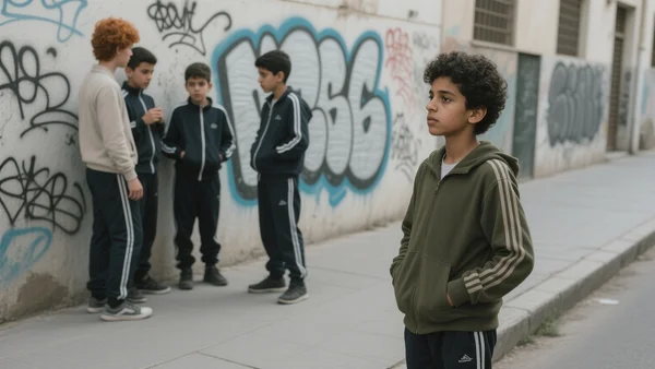 Un adolescent debout sur un trottoir dans un quartier urbain gris, les mains dans les poches, regardant au loin. Au second plan, un groupe de jeunes garçons en survêtement discutent près d'un mur tagué. Plan moyen, légère contre-plongée. L'image doit évoquer la vulnérabilité et la tentation de l'argent facile qui guette les mineurs dans les zones de trafic.