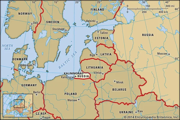 Carte politique de la mer Baltique situant Kaliningrad entre la Pologne et la Lituanie.