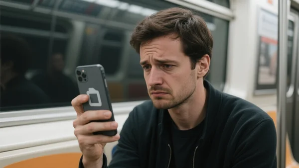 Un joueur français, assis dans un métro parisien, regarde son téléphone d'un air déçu, l'écran affichant une icône de jeu vidéo grisée. Vue en plan moyen, cadrée sur le visage et le téléphone. Intention éditoriale : montrer la frustration des joueurs français face à l'absence du jeu, ton désabusé et intime.
