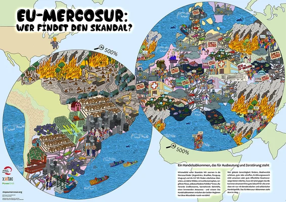 Infographie illustrant les controverses de l'accord UE-Mercosur entre industrialisation et protestations.