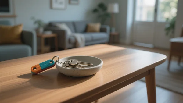Trousseau de clés accroché à un porte-clés coloré, posé sur une table d'entrée dans un appartement lumineux, vue en plan rapproché. L'image doit illustrer la solution simple et concrète pour ne plus perdre ses clés en colocation, avec un ton rassurant et pratique.