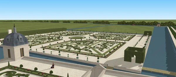 Le château de La Flèche (Sarthe) et ses jardins à la française, restitution d'après un dessin de Boudan (vers 1695).