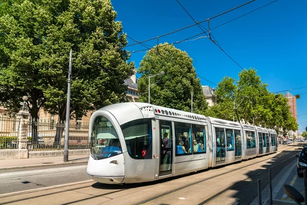 Tramway lyonnais circulant dans une rue arborée avec des bâtiments historiques.