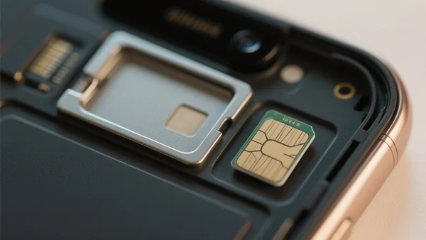 Smartphone ouvert montrant un tiroir SIM vide à côté d'une puce eSIM électronique, vue en gros plan