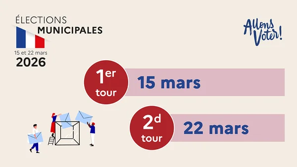 Infographie officielle sur les élections municipales de 2026, présentant les dates des deux tours de scrutin.