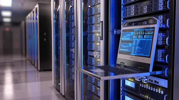 Intérieur d'un data center, illustration de la consommation énergétique liée à l'IA.