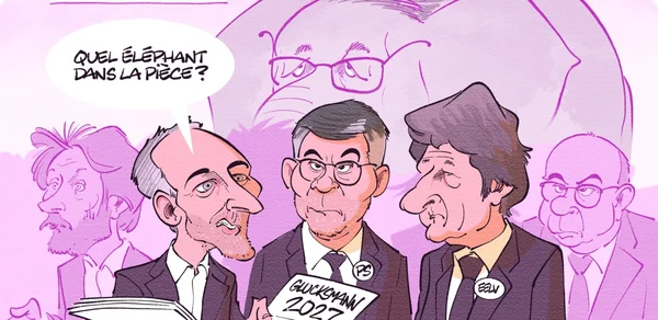 Caricature illustrant l'hésitation du PS entre François Hollande et Raphaël Glucksmann pour 2027.