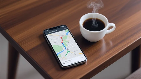 Un iPhone 18 Pro Max posé sur une table de café, une tasse de café à côté, l'écran affiche une application de navigation, vue de dessus