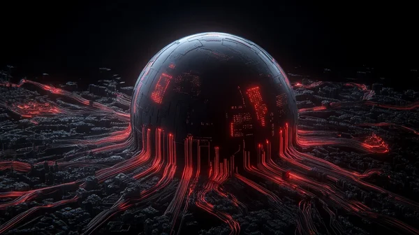 Vue d’artiste d’un vaste botnet, représenté par une sphère rougeoyante reliée à une ville futuriste.