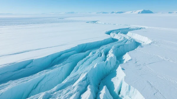 Vue aérienne d'une vaste étendue de glace bleue en Antarctique, avec des fissures et des motifs de mouvement glaciaire, sous un ciel clair. L'image doit évoquer l'immensité et l'isolement de ce continent gelé, lieu de forage des carottes de glace.